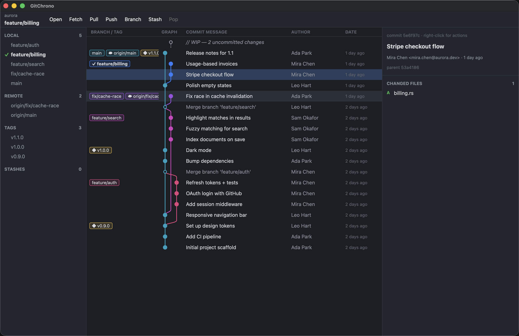 GitChrono showing a colorful commit graph with branches, tags and a commit detail panel